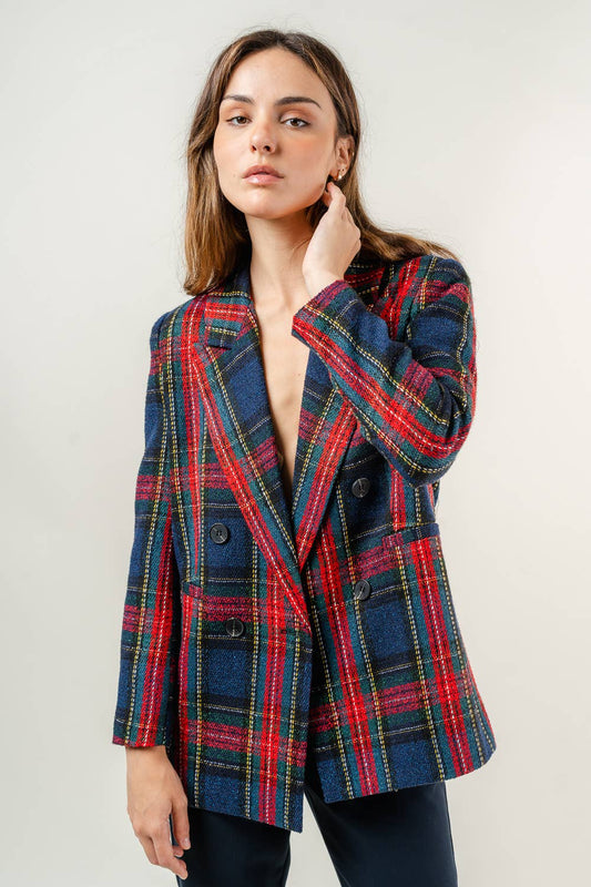 PREPPY HOLIDAY TWEED PADDED SHOULDER PLAID BLAZER-OI5782FO