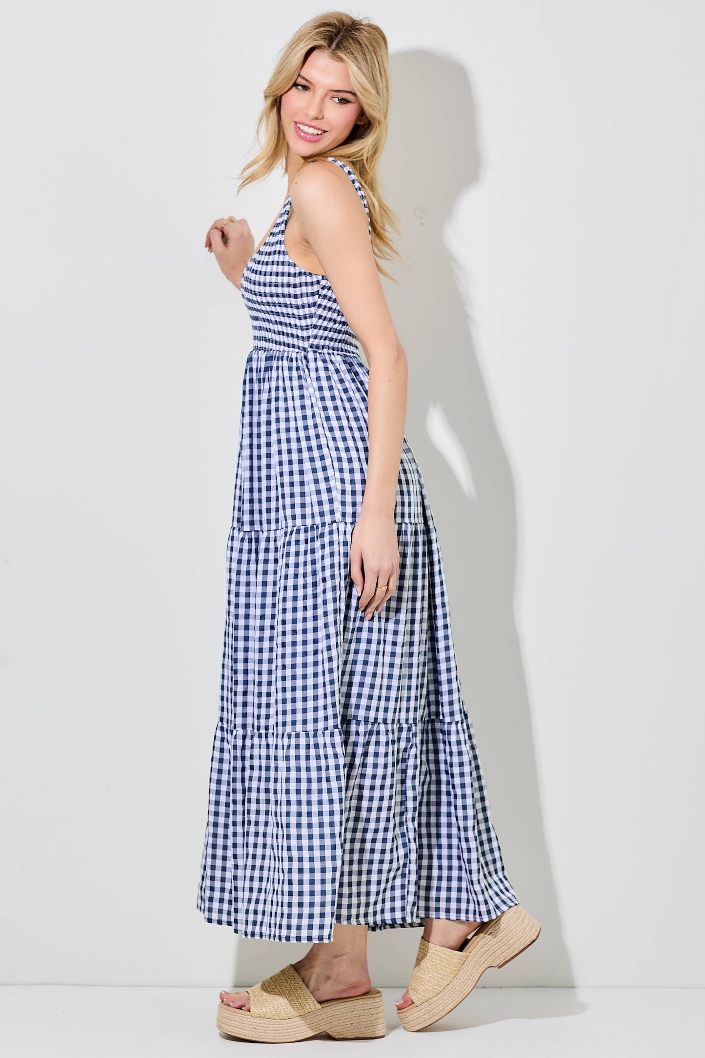 SMOCKED BODICE GINGHAM MAXI DRESS