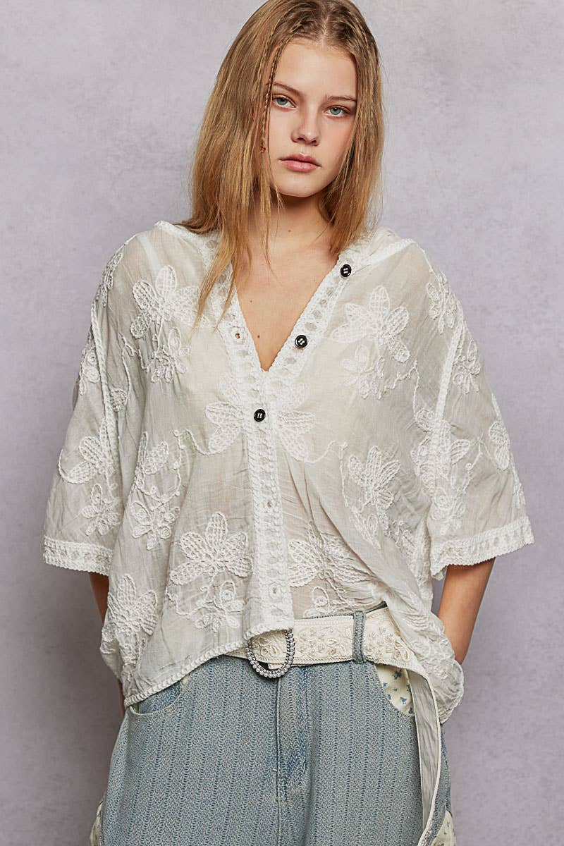 Short Sleeve Border Floral Embroidery Crochet Top