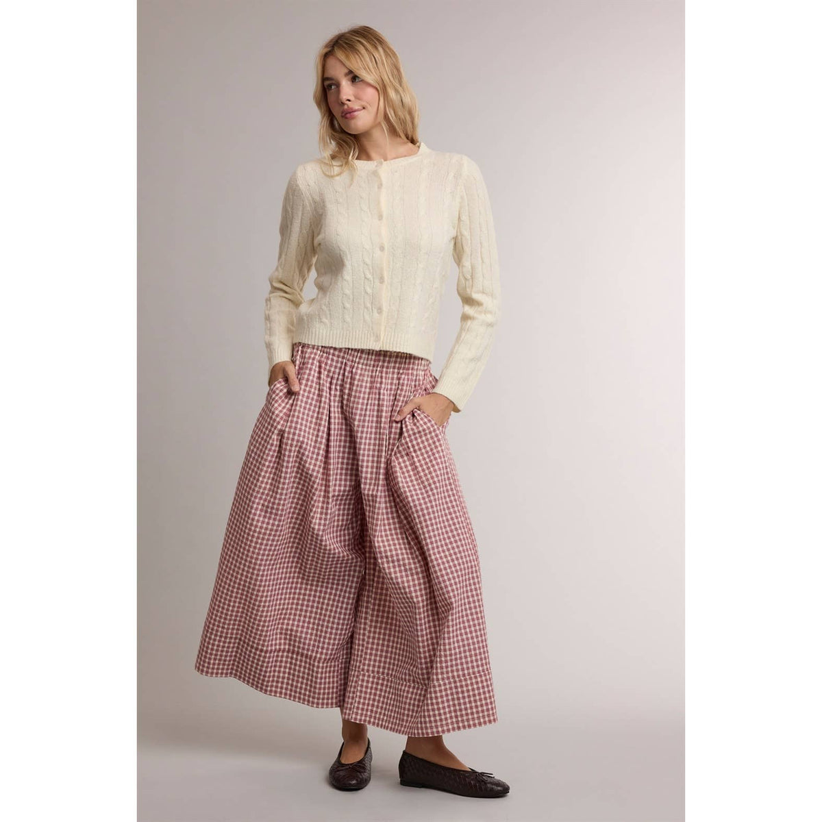 GINGHAM WIDE LEG PULL ON PANTS / WL26-14080