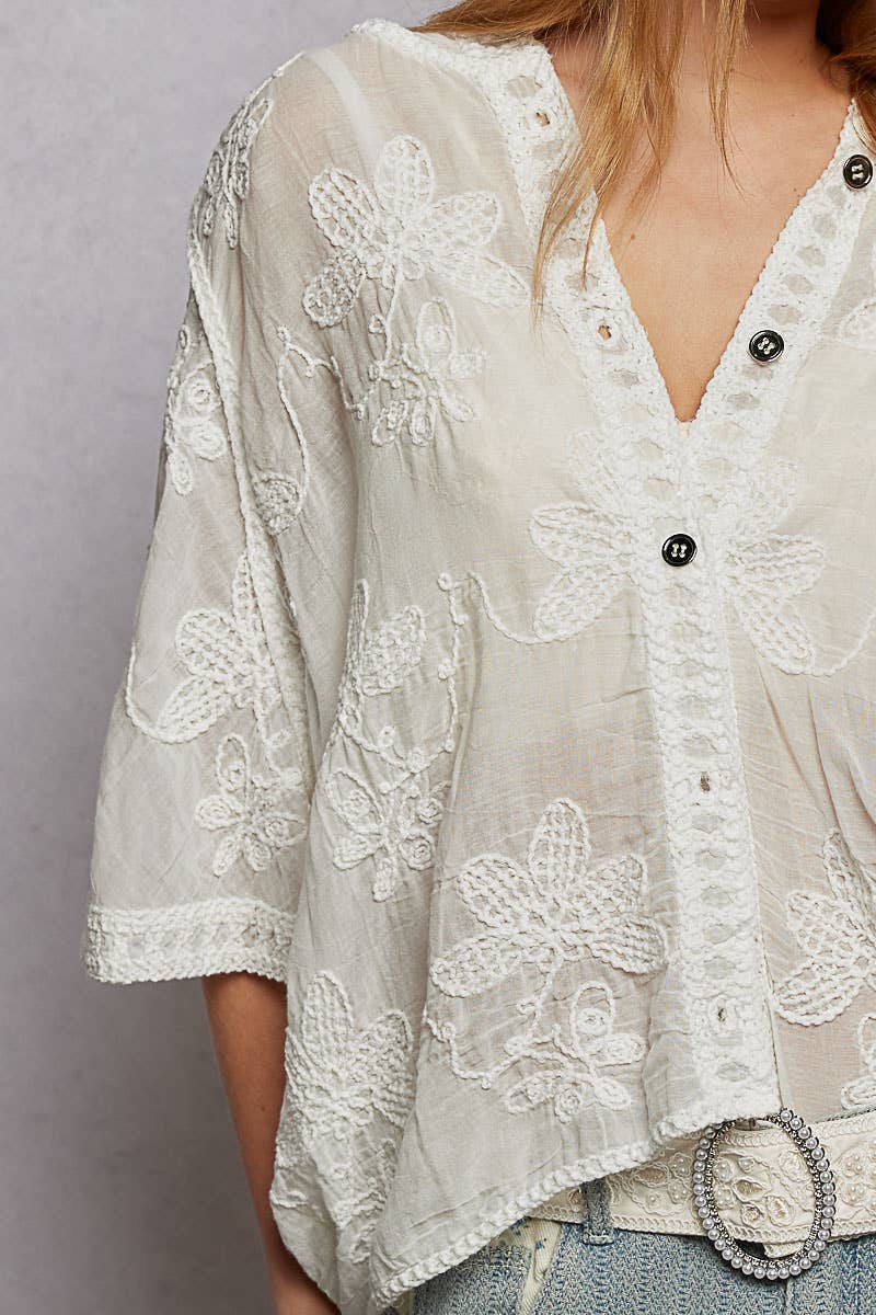 Short Sleeve Border Floral Embroidery Crochet Top