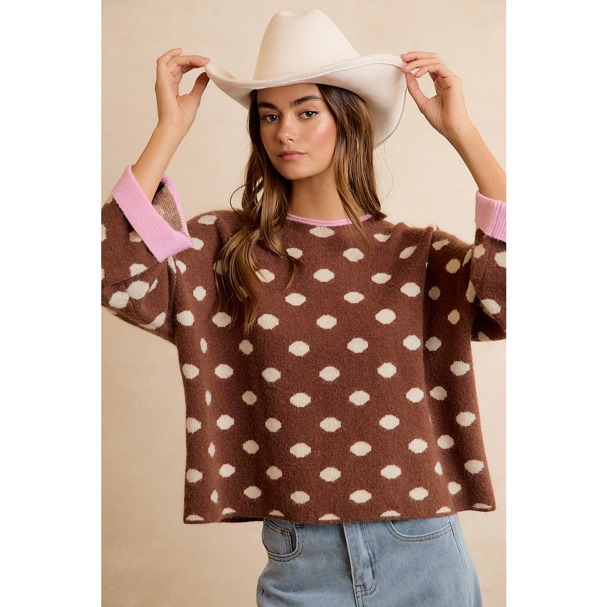 CONTRAST NECK AND ROLL UP DETAIL POLKA DOT SWEATER