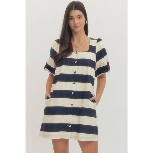 Bold stripe short puff sleeve mini dress