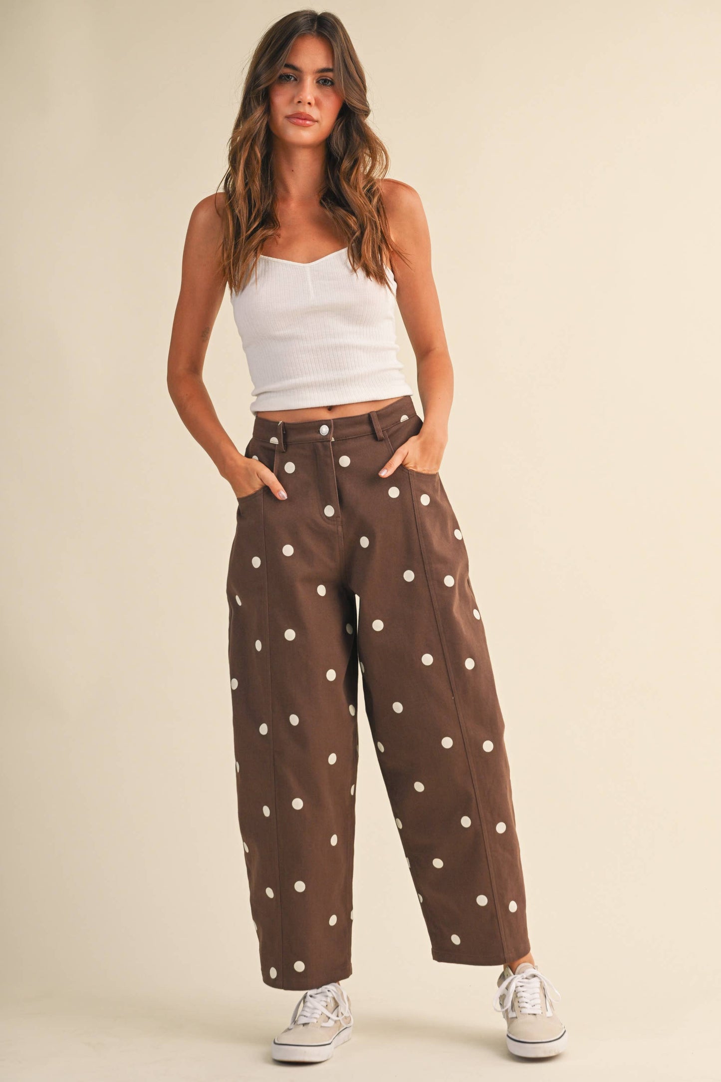 IP1390-C  POLKADOT STRETCH TWILL MID WAIST BARREL PANTS