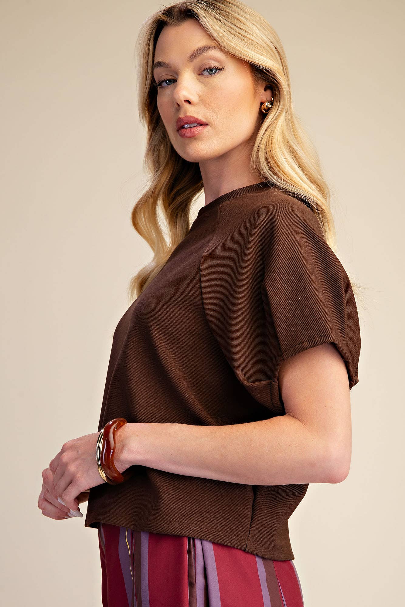 Round Neck Puff Short Sleeve Pullover Top