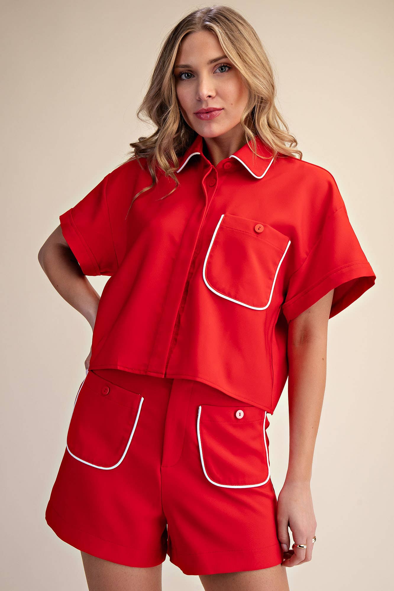 Collar Neck Short-Sleeve Front Pocket Crop Shirts