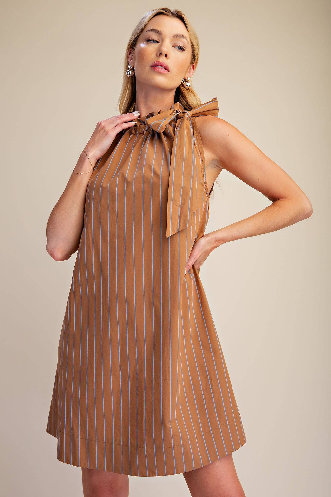 Stripe Mini Dress Ruffle Neck Adjustable Tie Sleeveless
