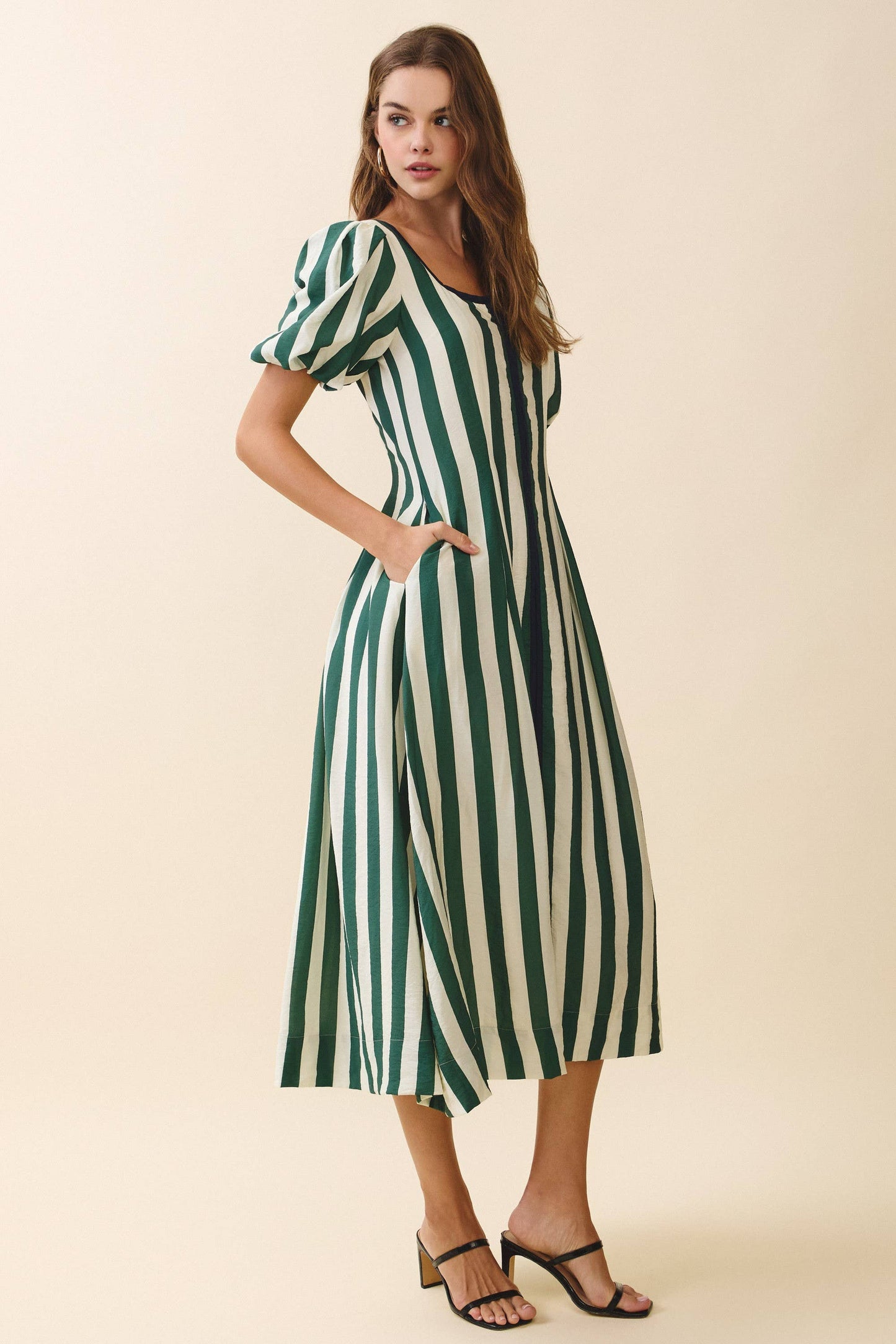 CD06261-Bold Vertical Stripes Square Neck Midi Dress