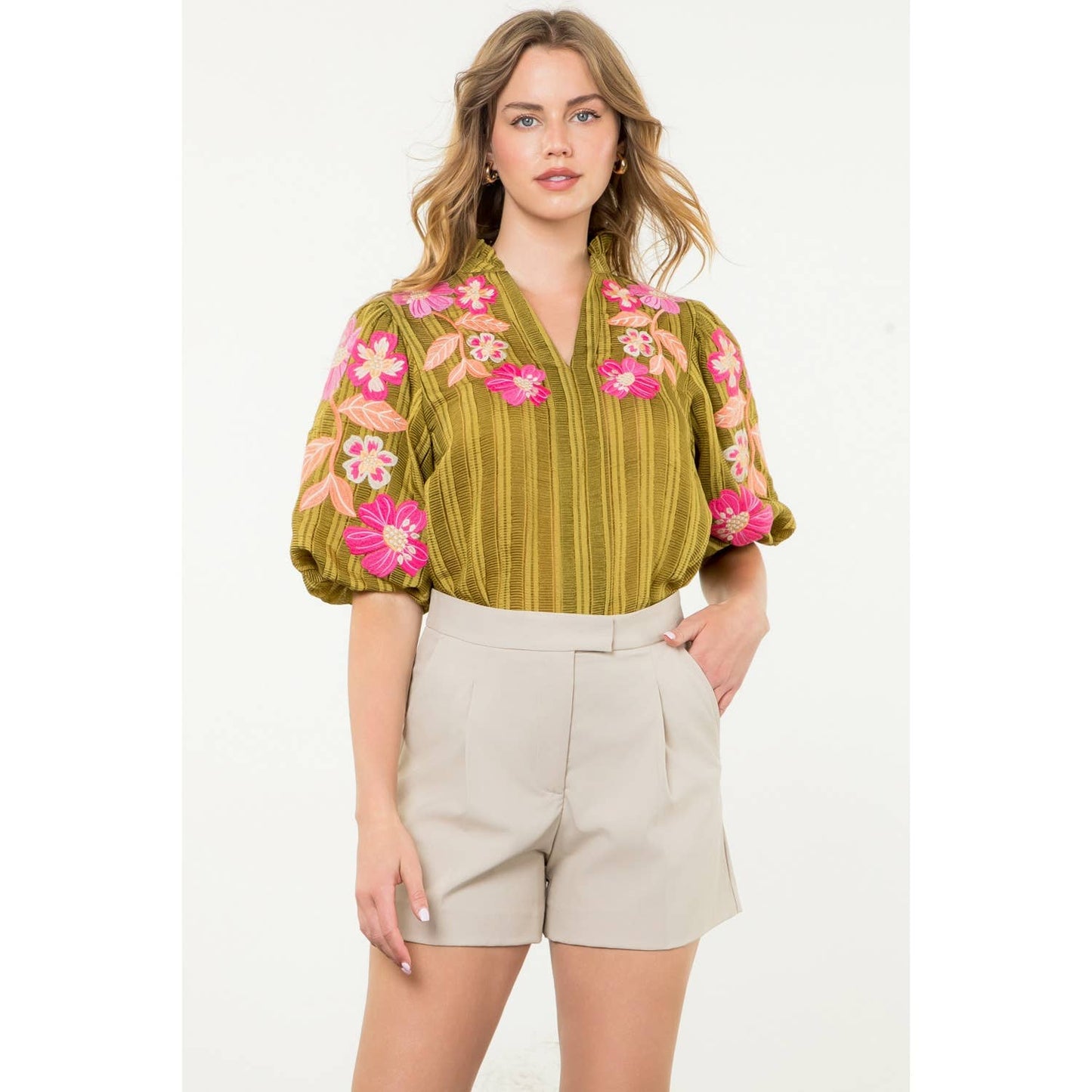 Embroidered Puff Sleeve Textured Top