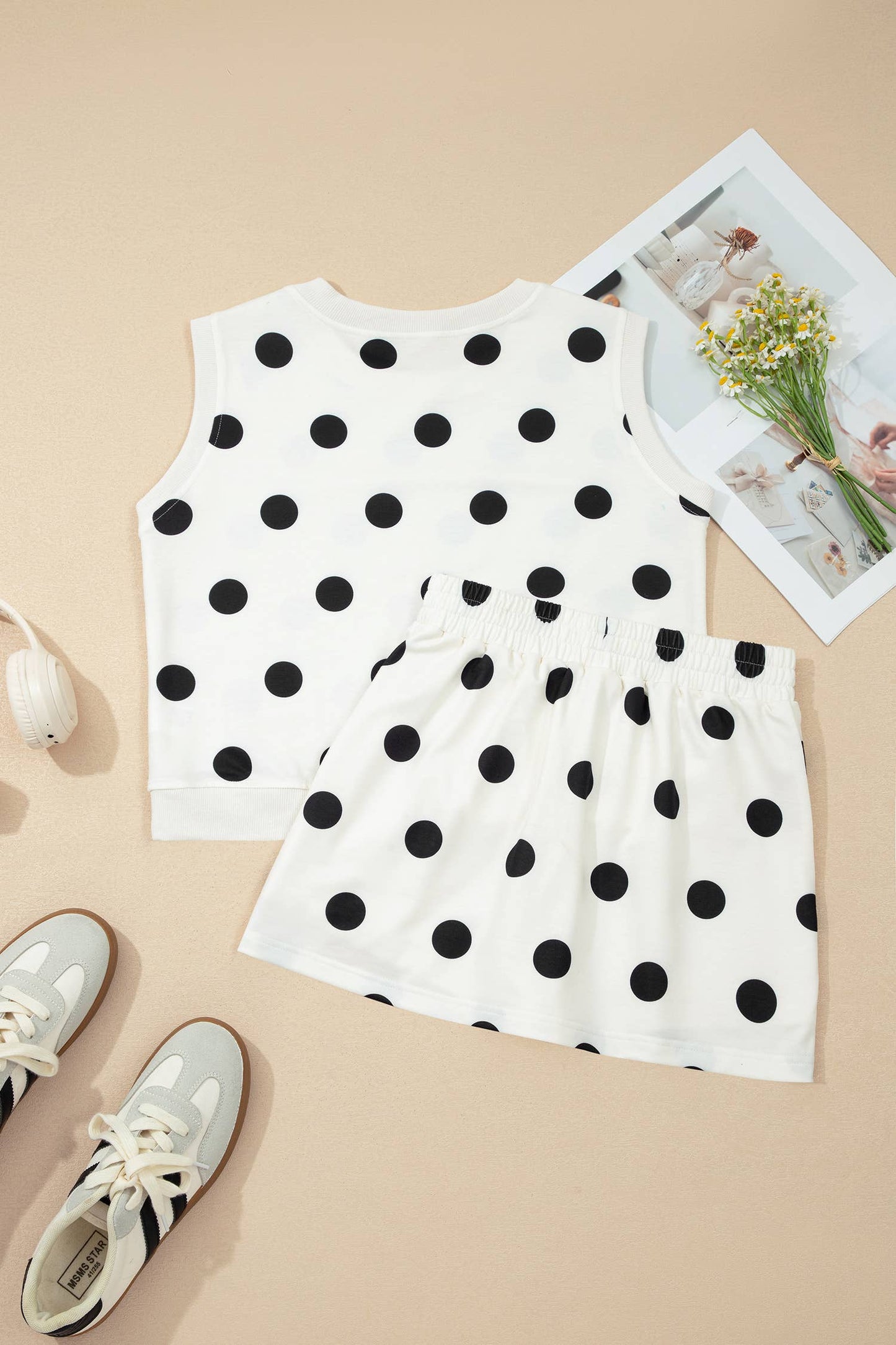 LAS Ribbed Trim Polka Dot Tank Split Mini Skort Set(S-4X)