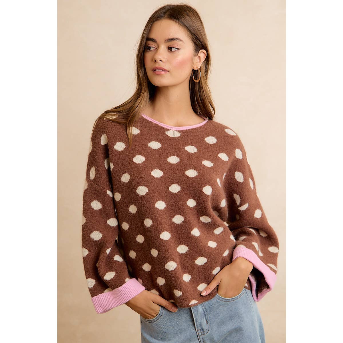 CONTRAST NECK AND ROLL UP DETAIL POLKA DOT SWEATER