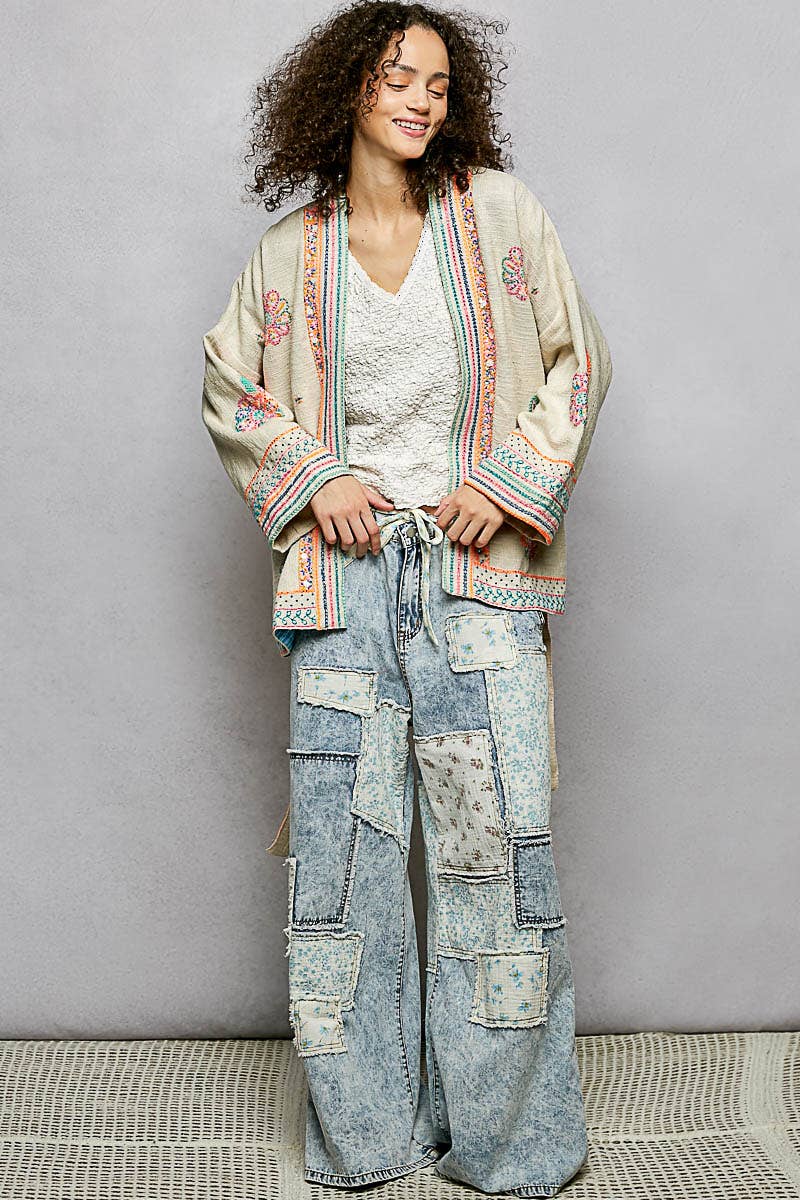 Long Sleeve Kimono Spangle Embroidered Open Cardigan