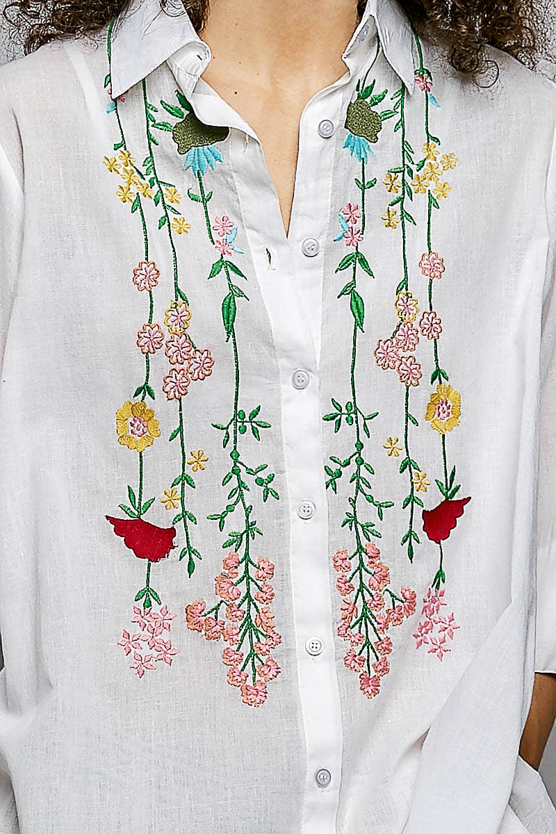 1/2 Sleeve Collared Embroidered Cotton Shirt Woven Top