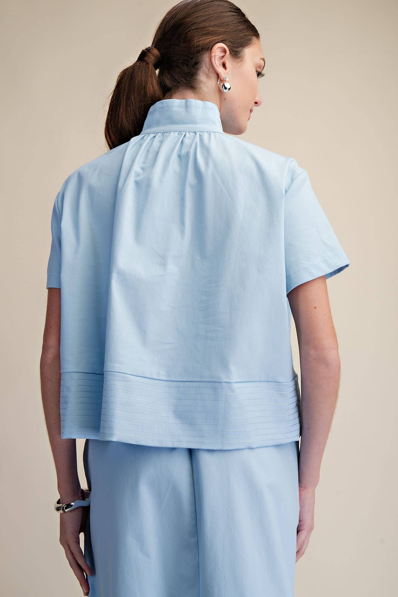 Stand Collar Short Sleeve Stitch Detail Shirt