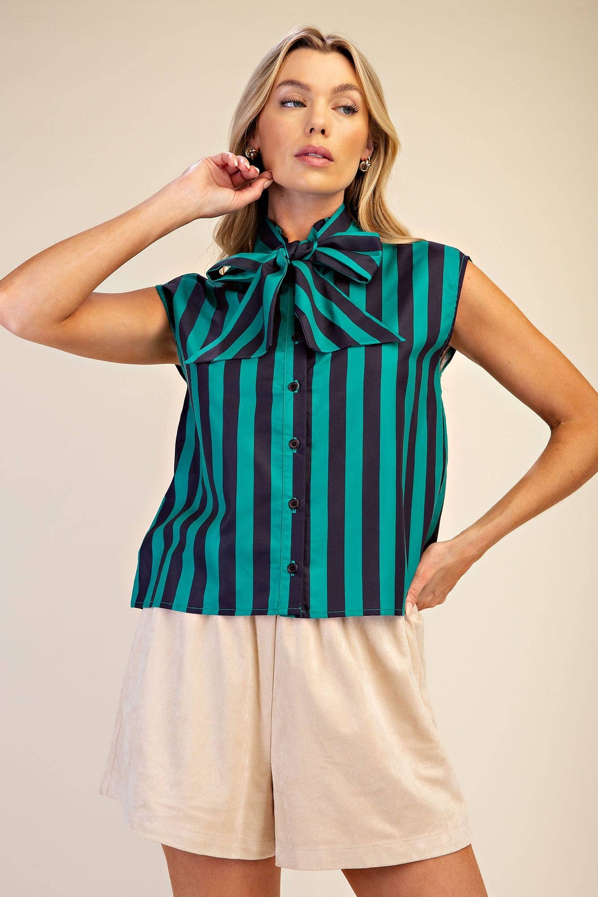 Bow Neck Sleeveless Stripe Shirt