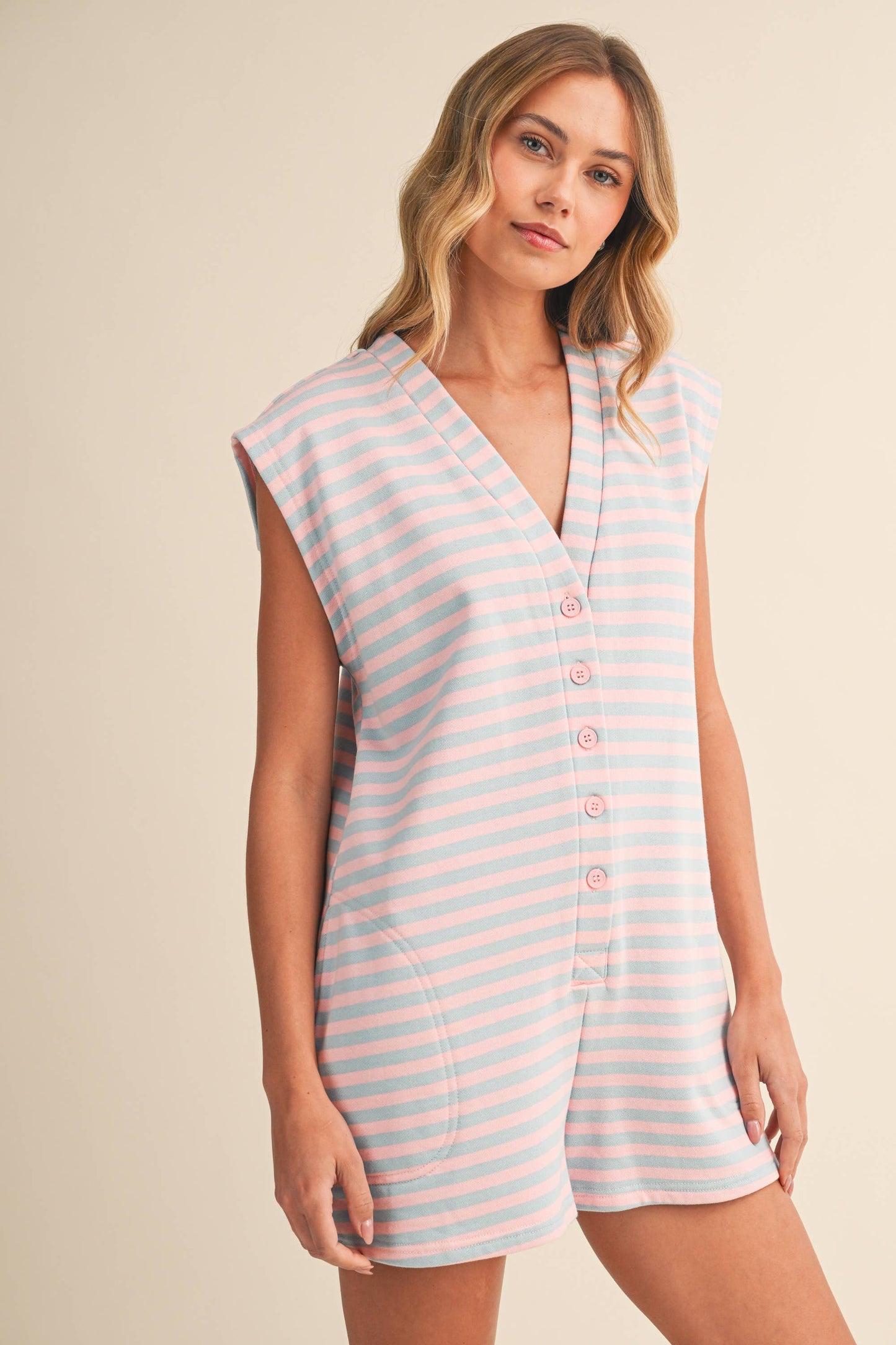 IR2384  SHORT SLEEVE STRIPED BUTTON DOWN ROMPER
