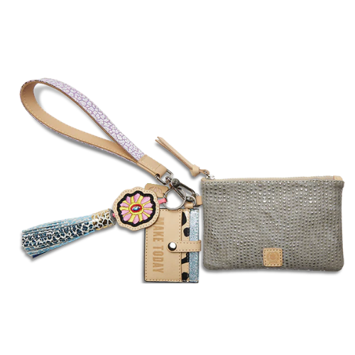 Gray metallic-textured synthetic exterior combination of on-the-go accessories includes a pocket pouch, secure card slot wallet and fits comfortably around your wrist