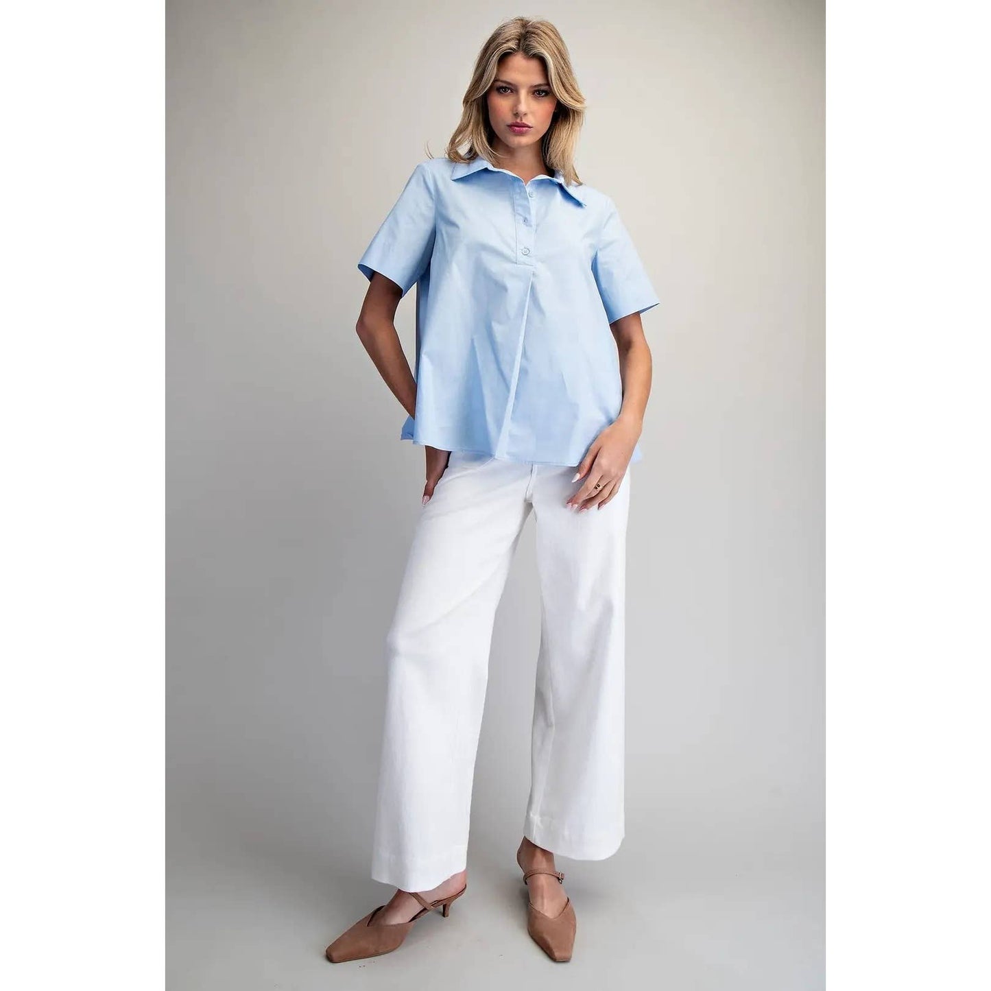 NEW Solid Collared Short Sleeve Blouse