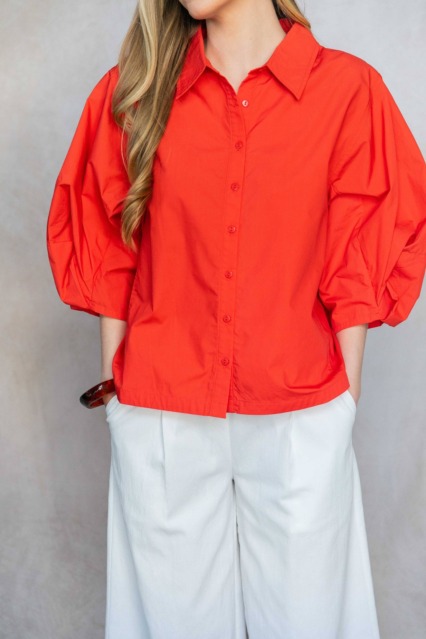 Poplin Bishop Sleeve Button Up Shirt
