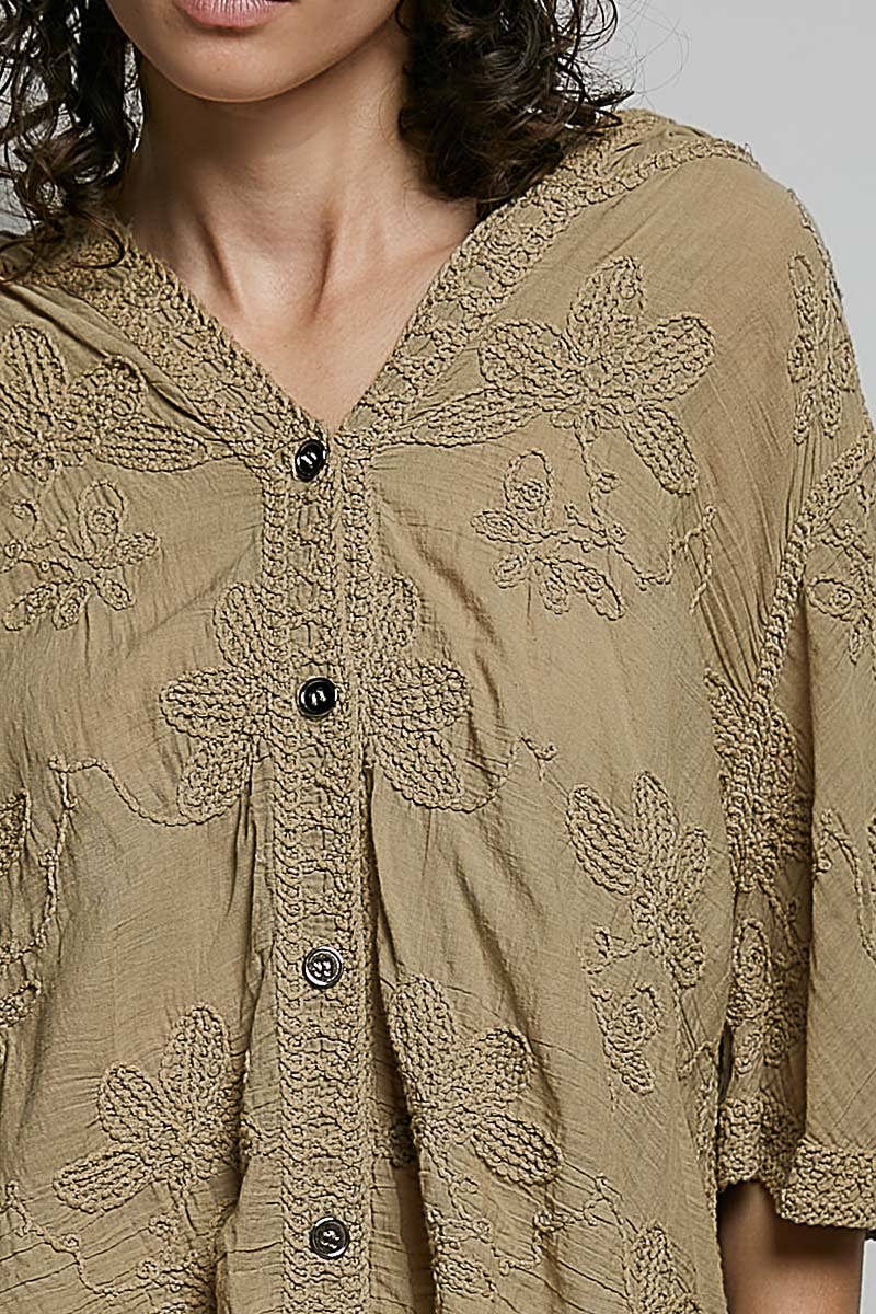Short Sleeve Border Floral Embroidery Crochet Top