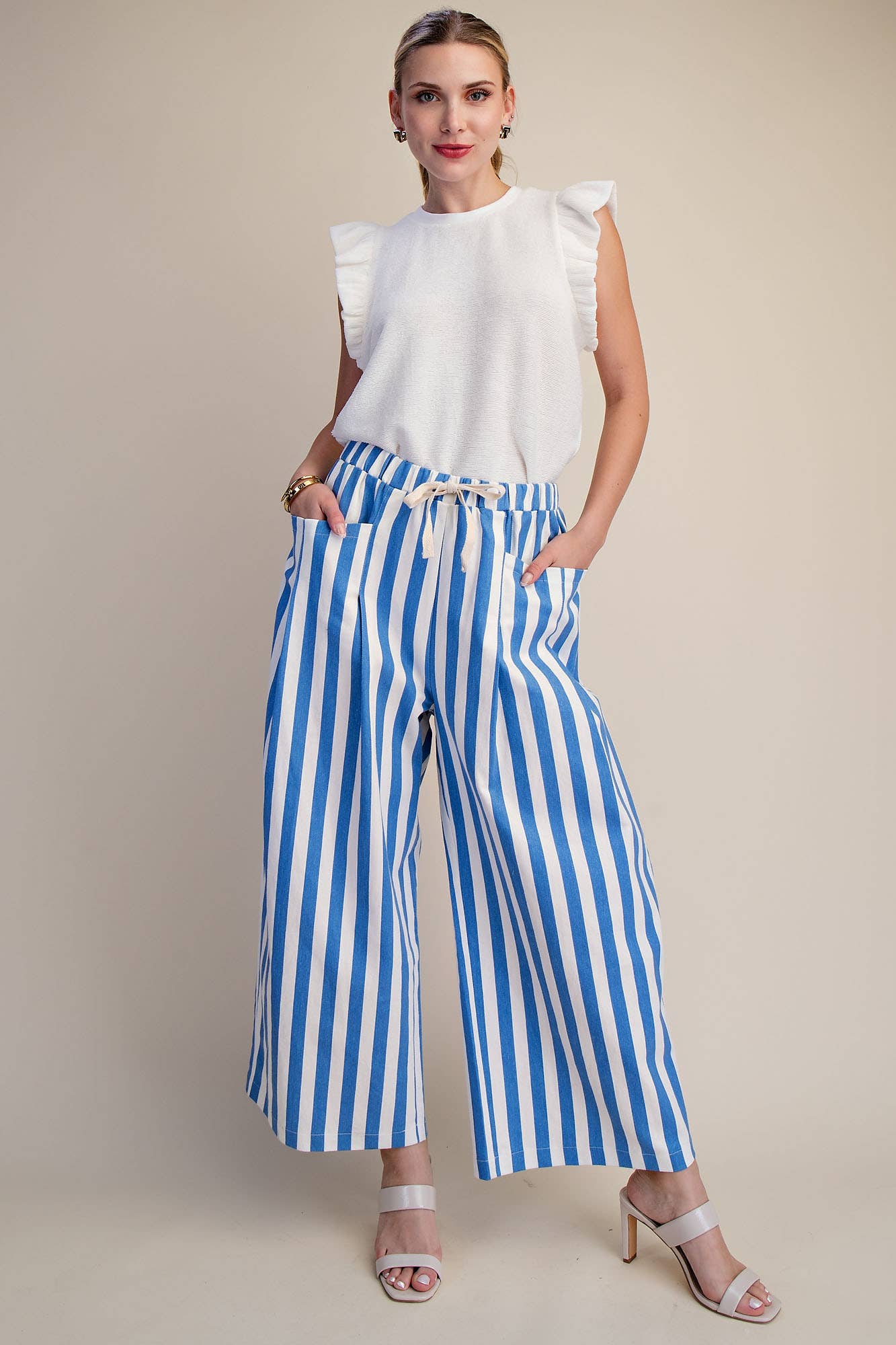 Stripe Wide Pants With Elastic Band Drawstring and Pockets