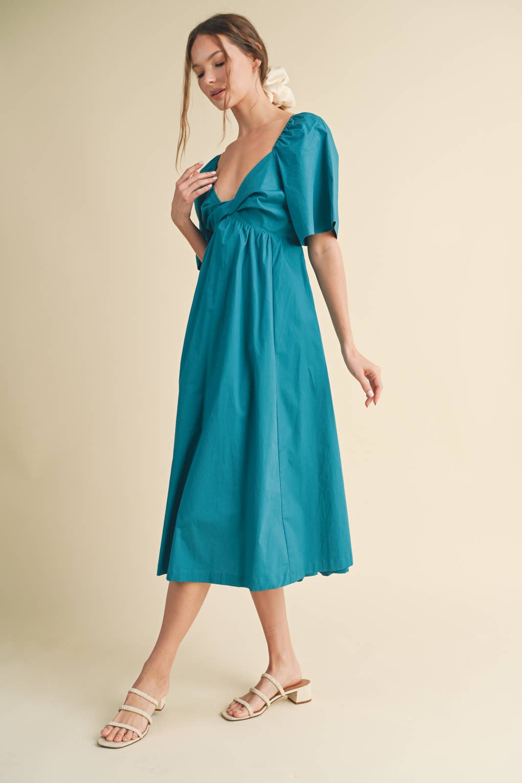 POPLIN COTTON MIDI DRESS WITH FRONT TWIST / WL24-8608