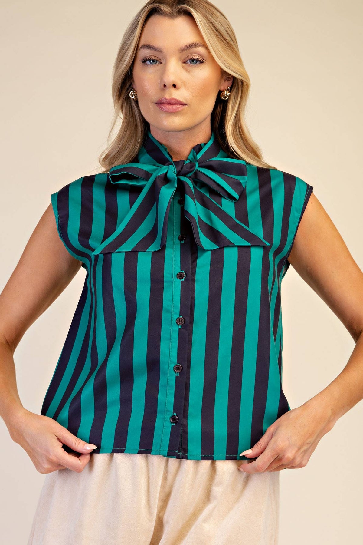 Bow Neck Sleeveless Stripe Shirt