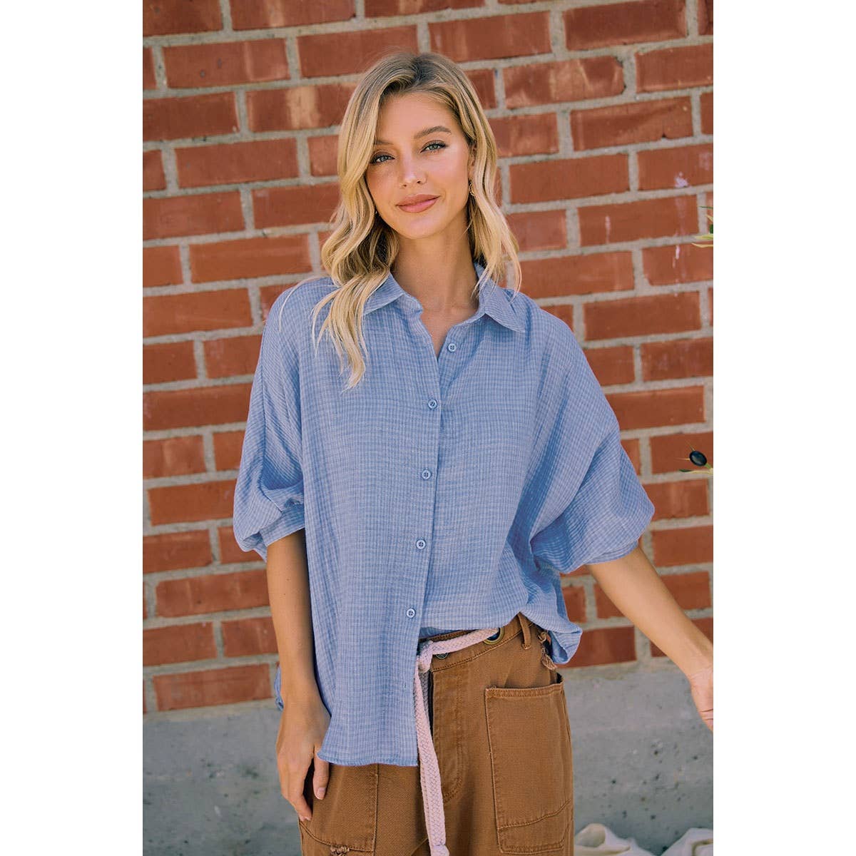DENIM BLUE GAUZE OVERSIZED BUTTON DOWN SHIRT