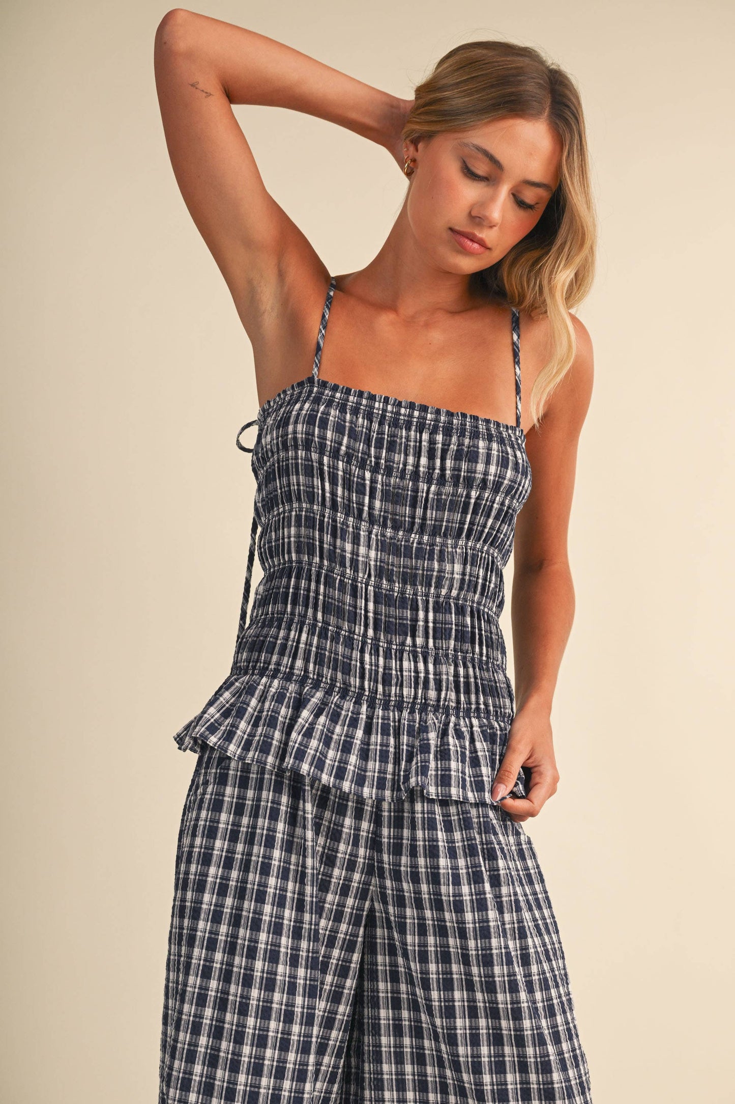 IJP3426-A  RUFFLED HEM SMOCKED TOP PLAID WIDE LEG JUMPSUIT