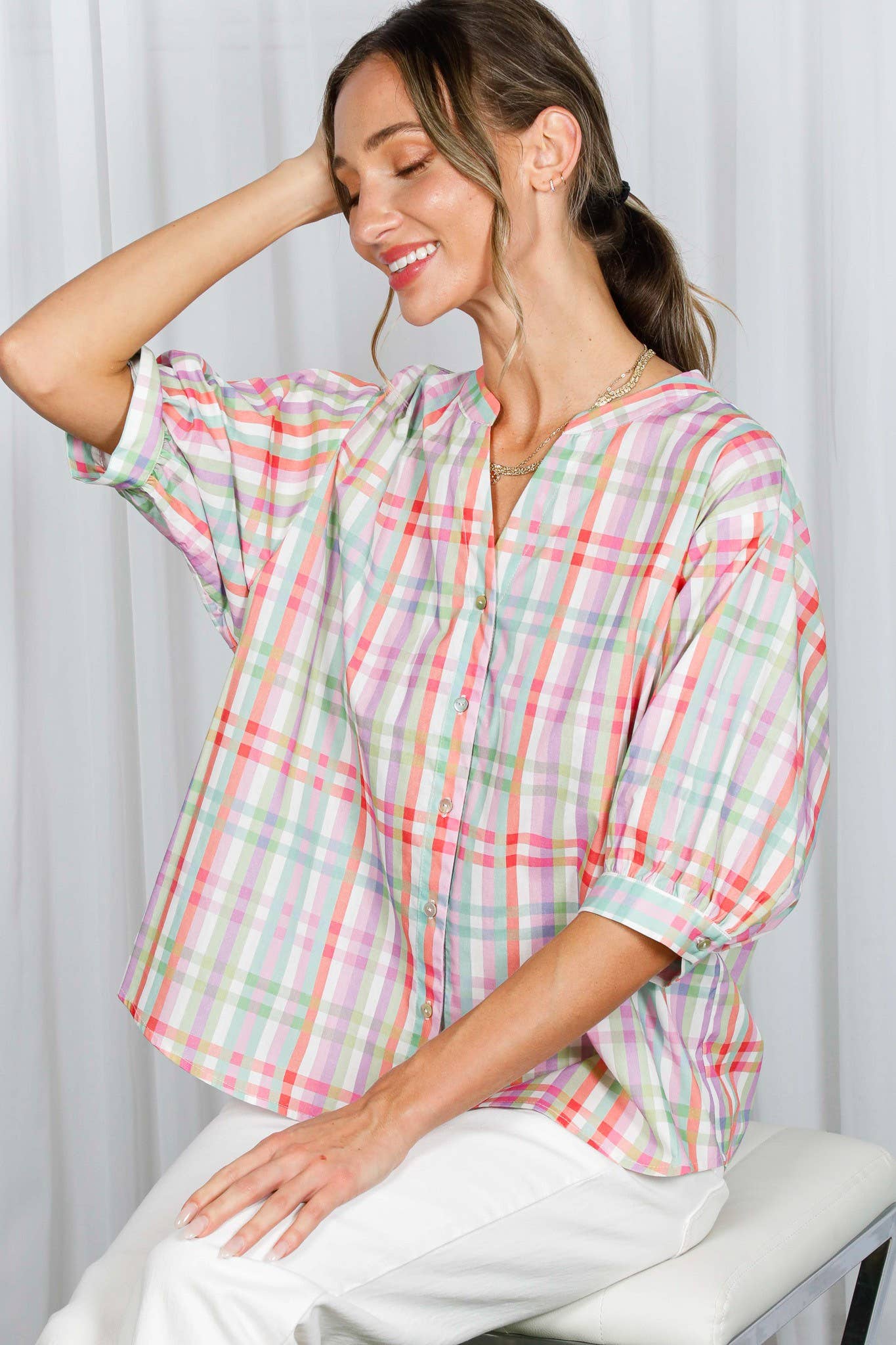 V-Neck Half Puff Sleeve Plaid 100%Cotton Blouse VT81945K