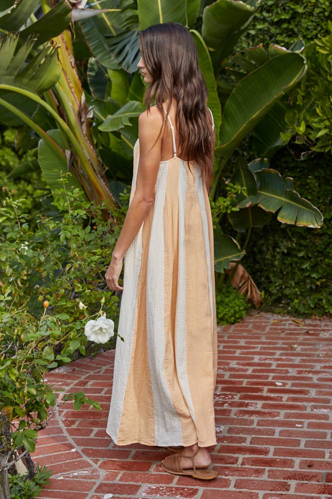 L7390 | Cotton Gauze Striped Cami Pintuck Midi Dress