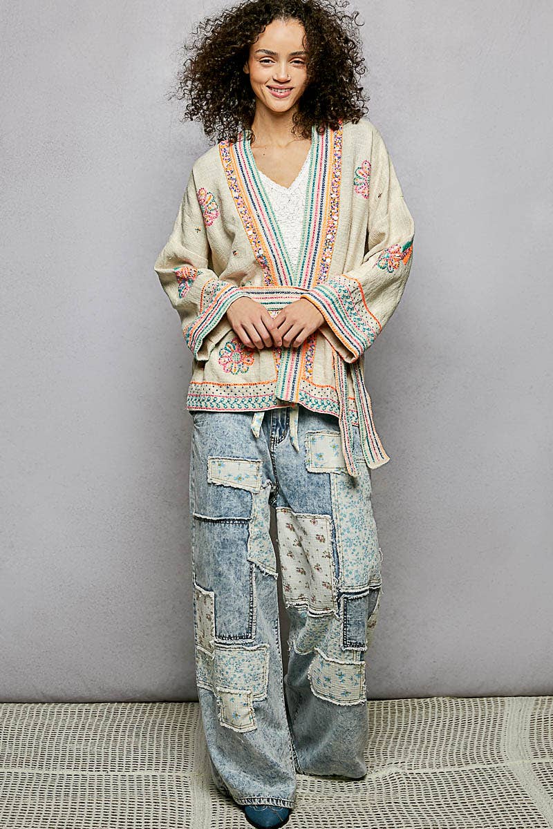 Long Sleeve Kimono Spangle Embroidered Open Cardigan