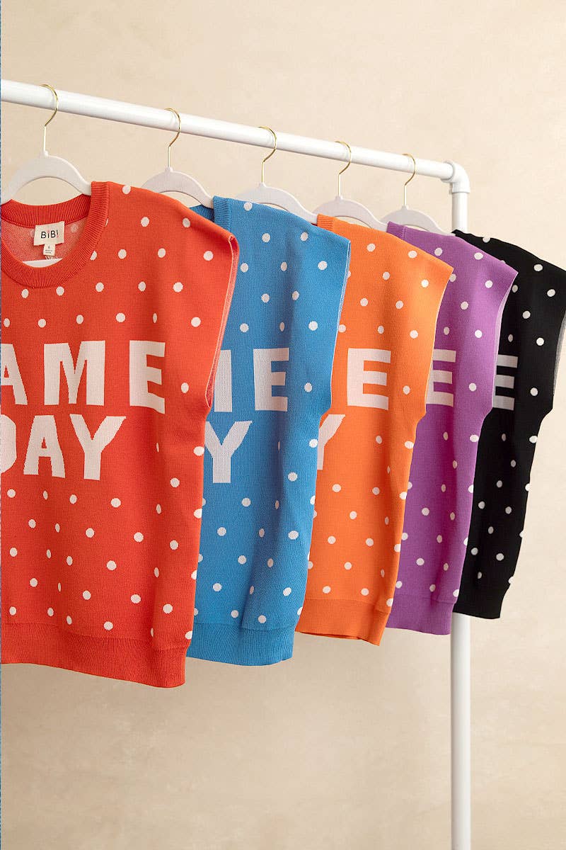 GAMEDAY LETTER AND POLKA DOTS SLEEVELESS KNIT TOP