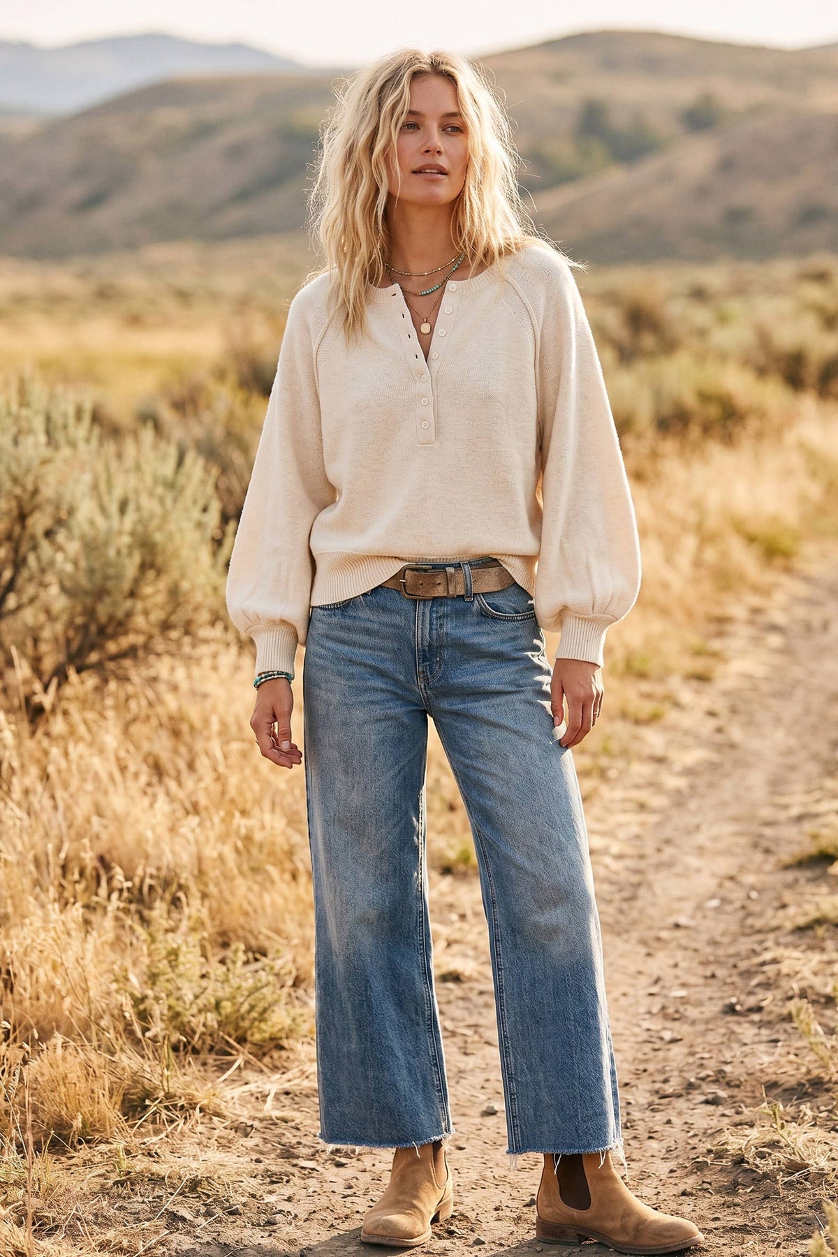 Henley Balloon Sleeve Sweater Top