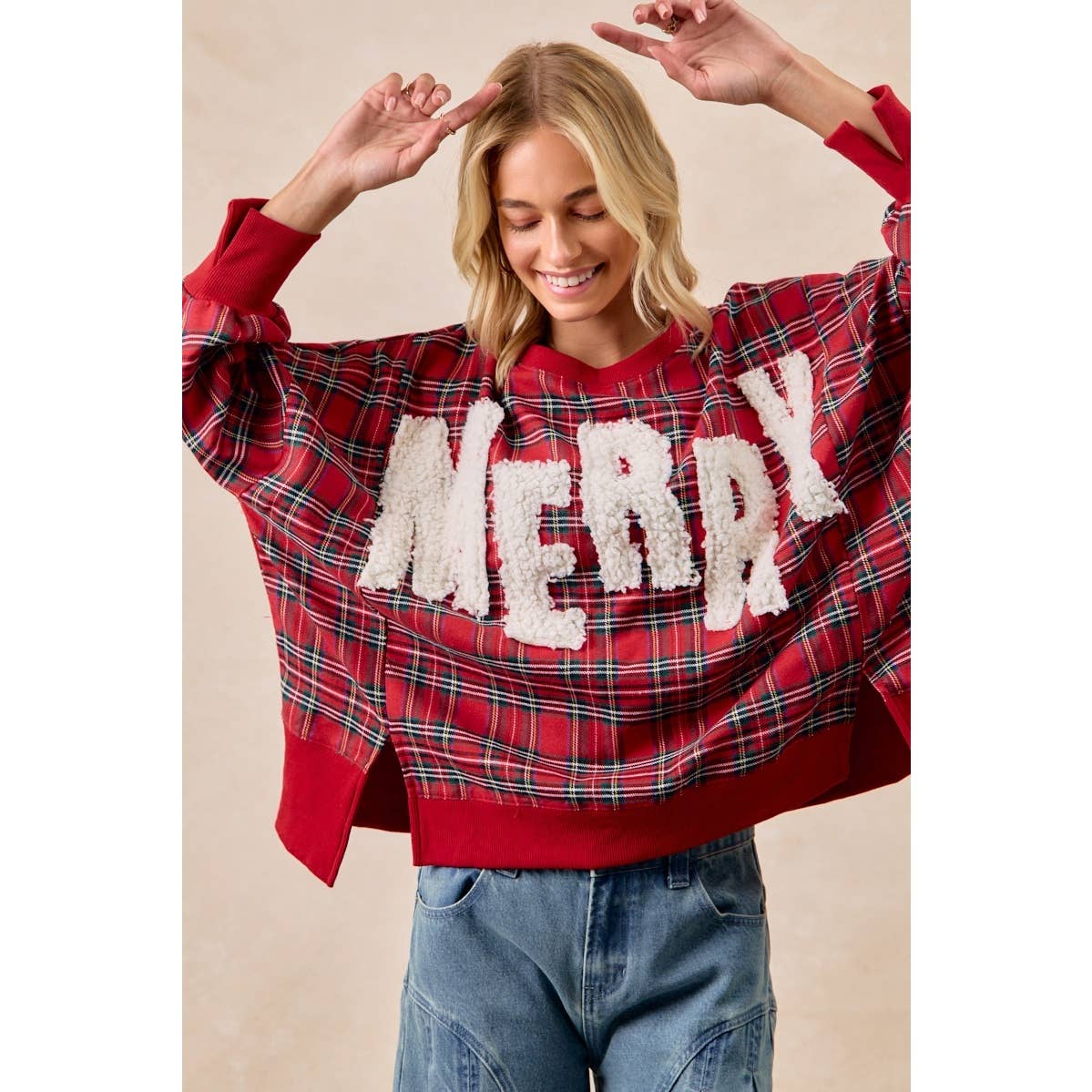 MERRY LETTER PATCHES CHRISTMAS PLAID SWEATSHIRT