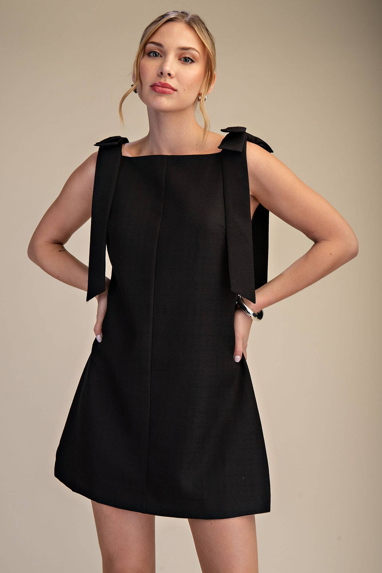 Straight Neckline Bow Mini Dress