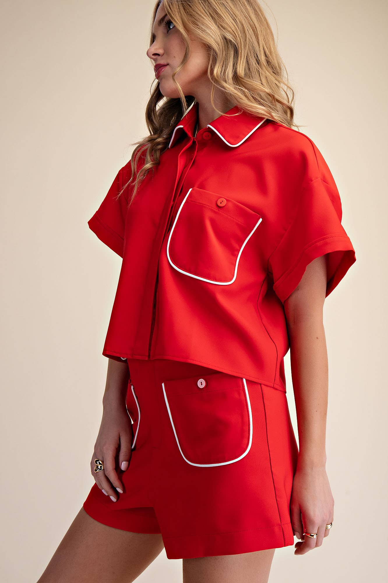 Collar Neck Short-Sleeve Front Pocket Crop Shirts