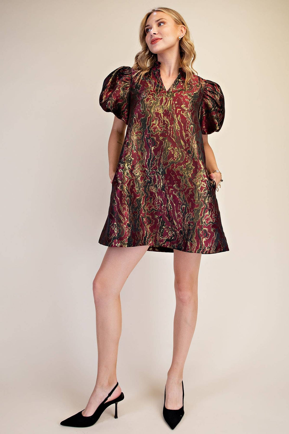 Metallic Jacquard Puff Sleeve Mini Holiday Dress
