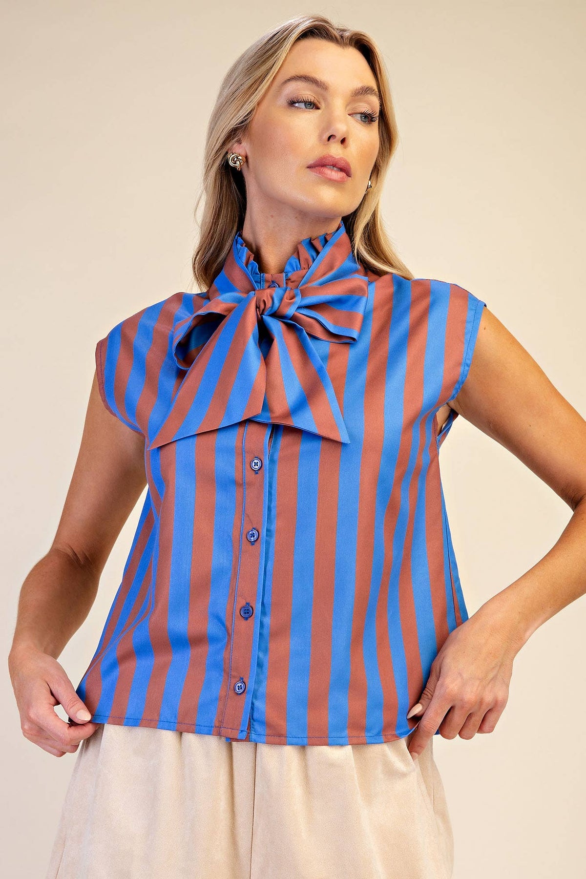 Bow Neck Sleeveless Stripe Shirt