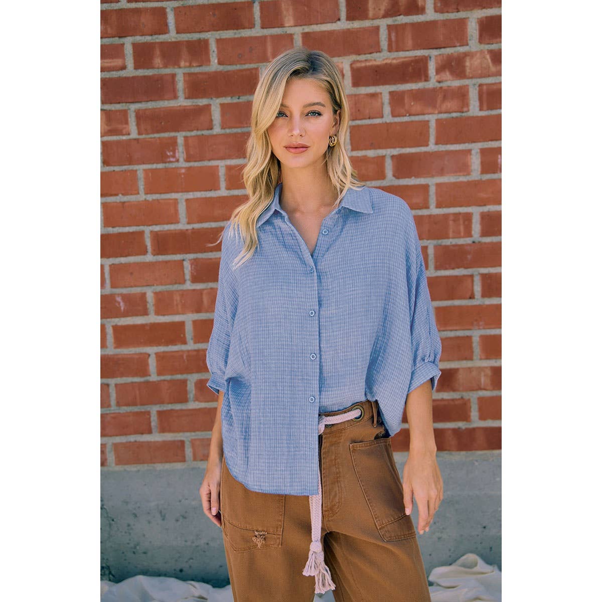 DENIM BLUE GAUZE OVERSIZED BUTTON DOWN SHIRT