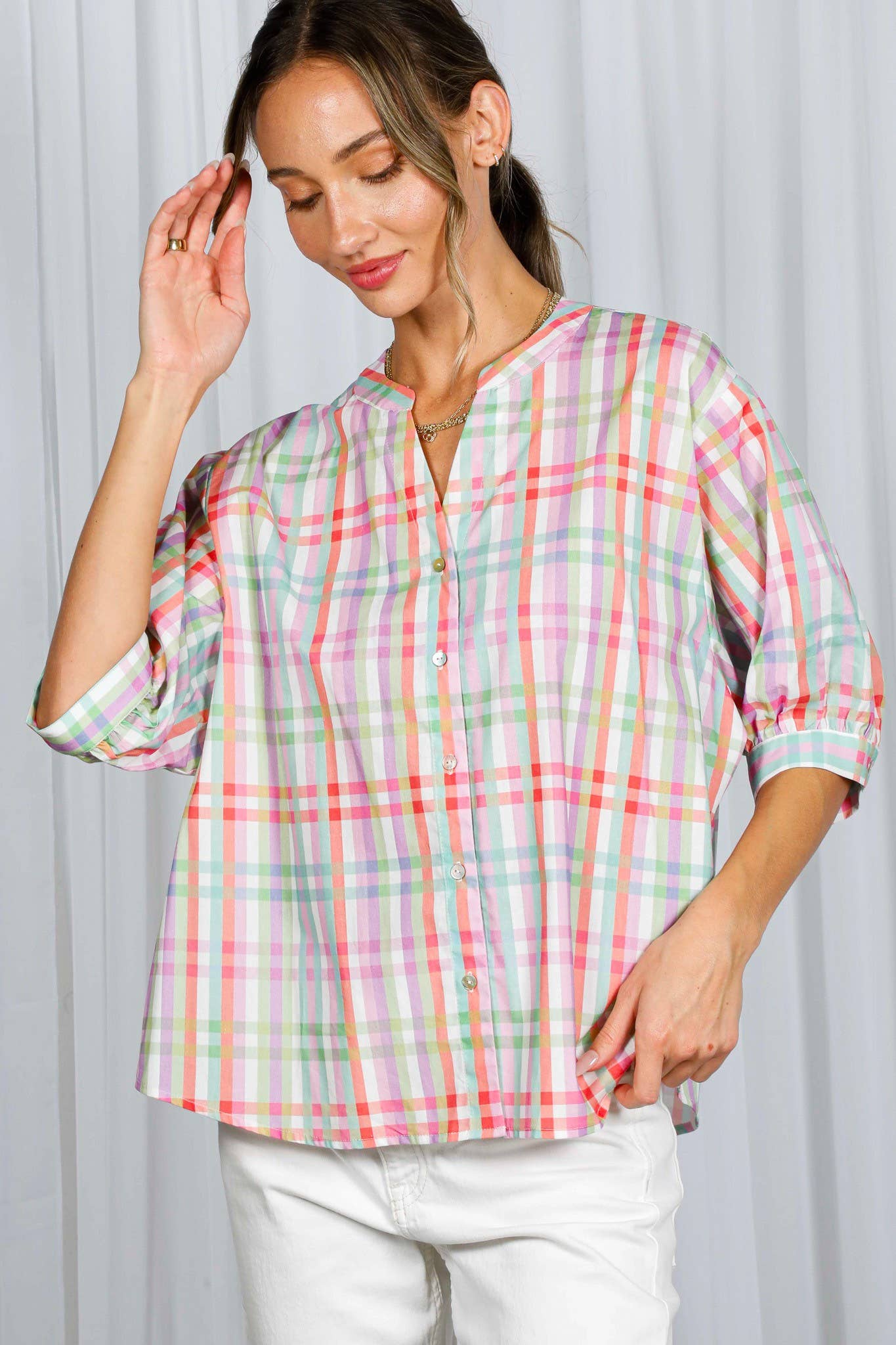 V-Neck Half Puff Sleeve Plaid 100%Cotton Blouse VT81945K