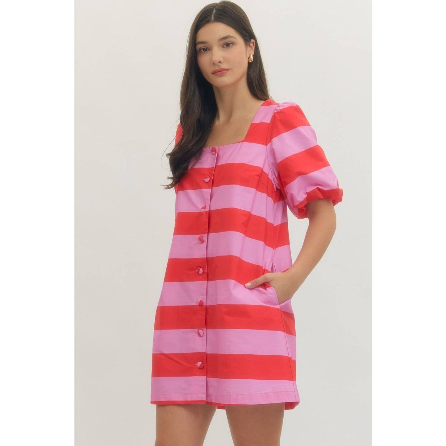 Bold stripe short puff sleeve mini dress