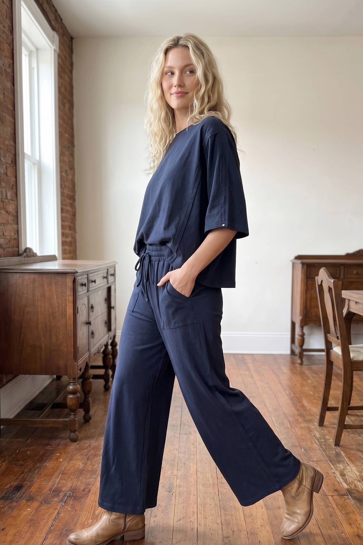 Brushed Stretch Boxy Top & Wide Leg Pant Set