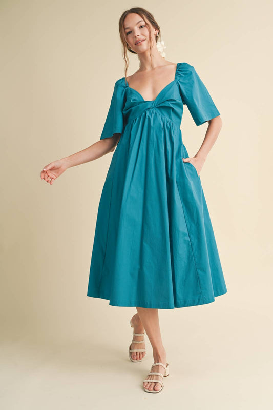 POPLIN COTTON MIDI DRESS WITH FRONT TWIST / WL24-8608