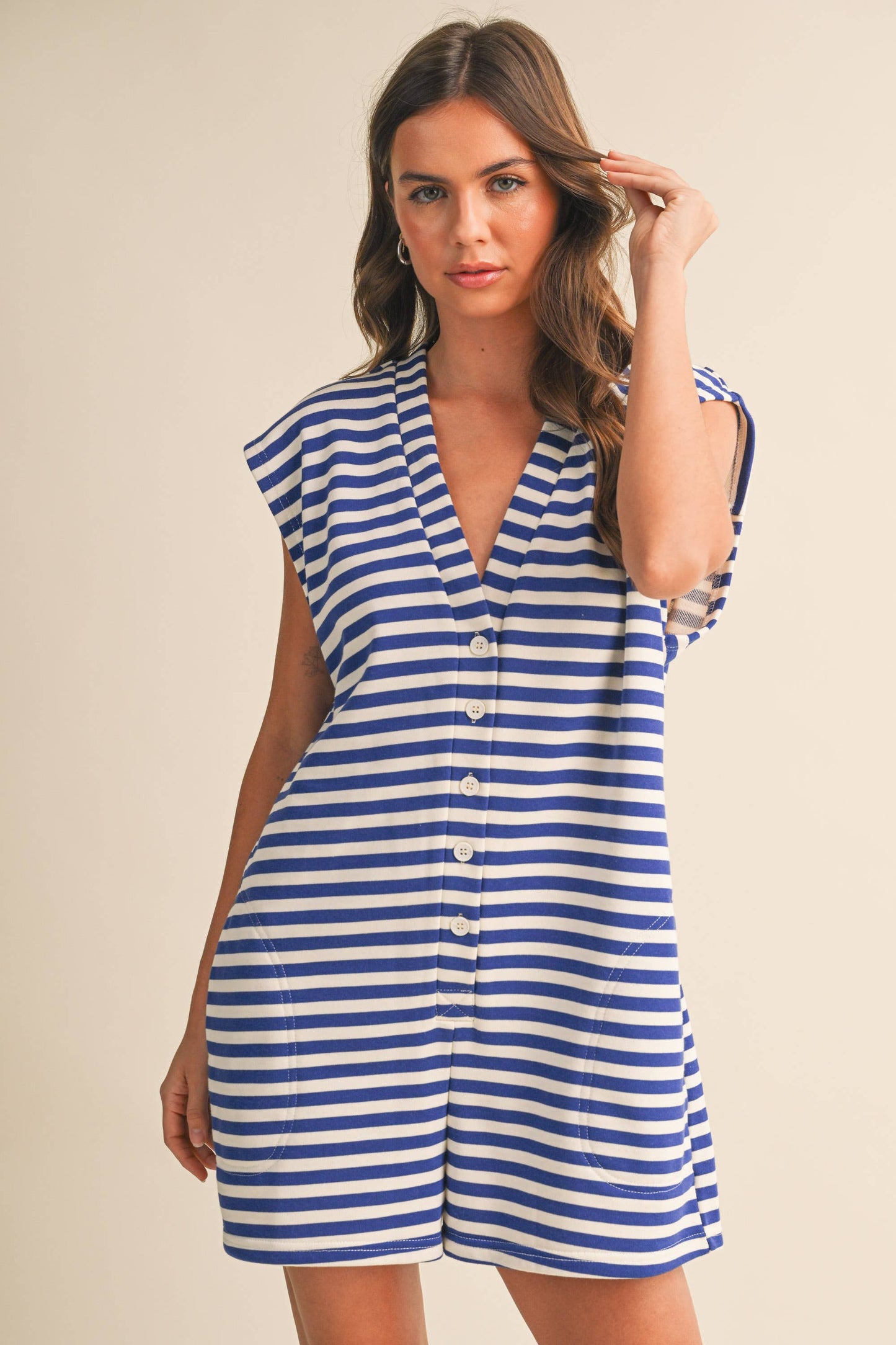 IR2384  SHORT SLEEVE STRIPED BUTTON DOWN ROMPER