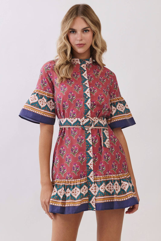 CD06716-Printed Belted Mini Dress with Contrast Border