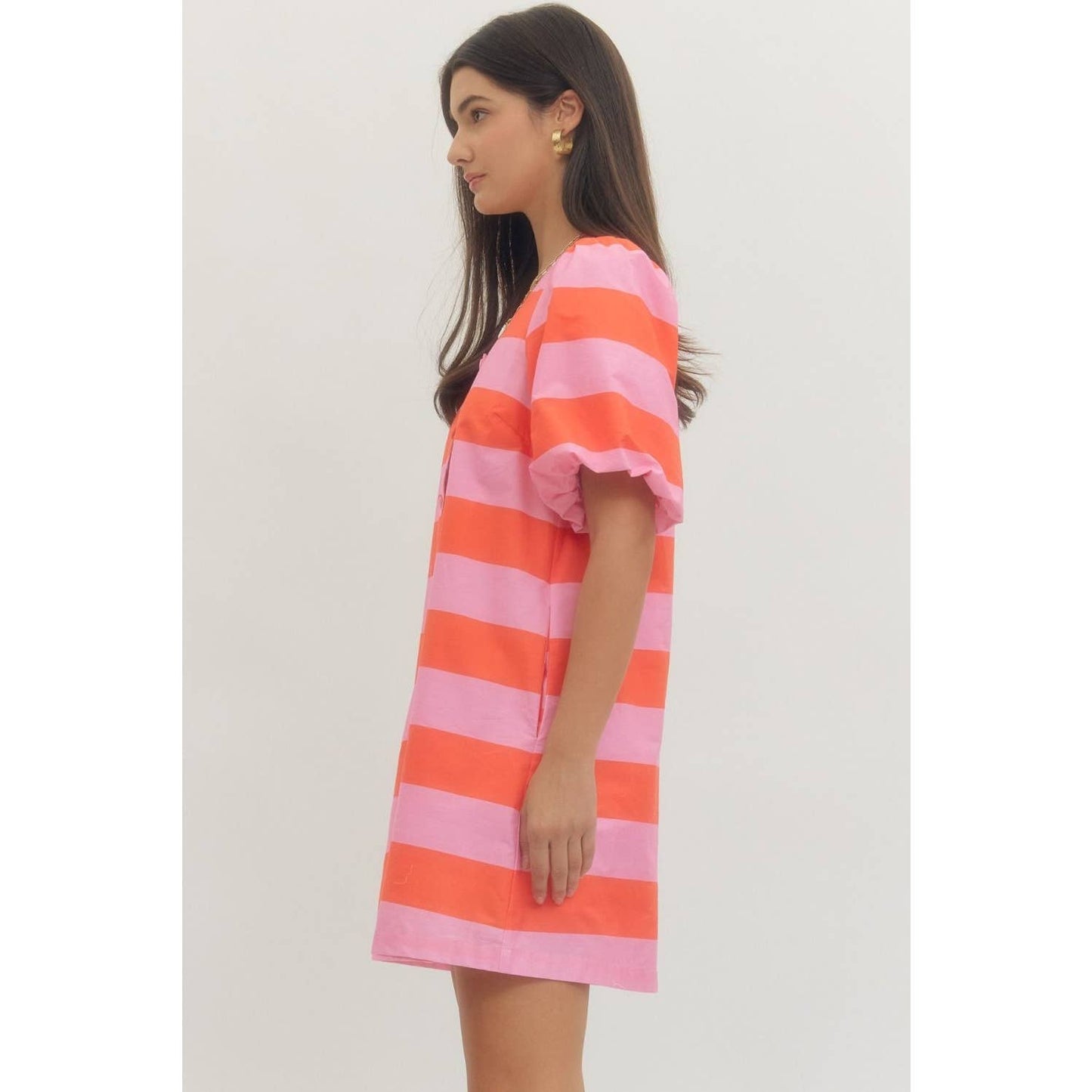 Bold stripe short puff sleeve mini dress