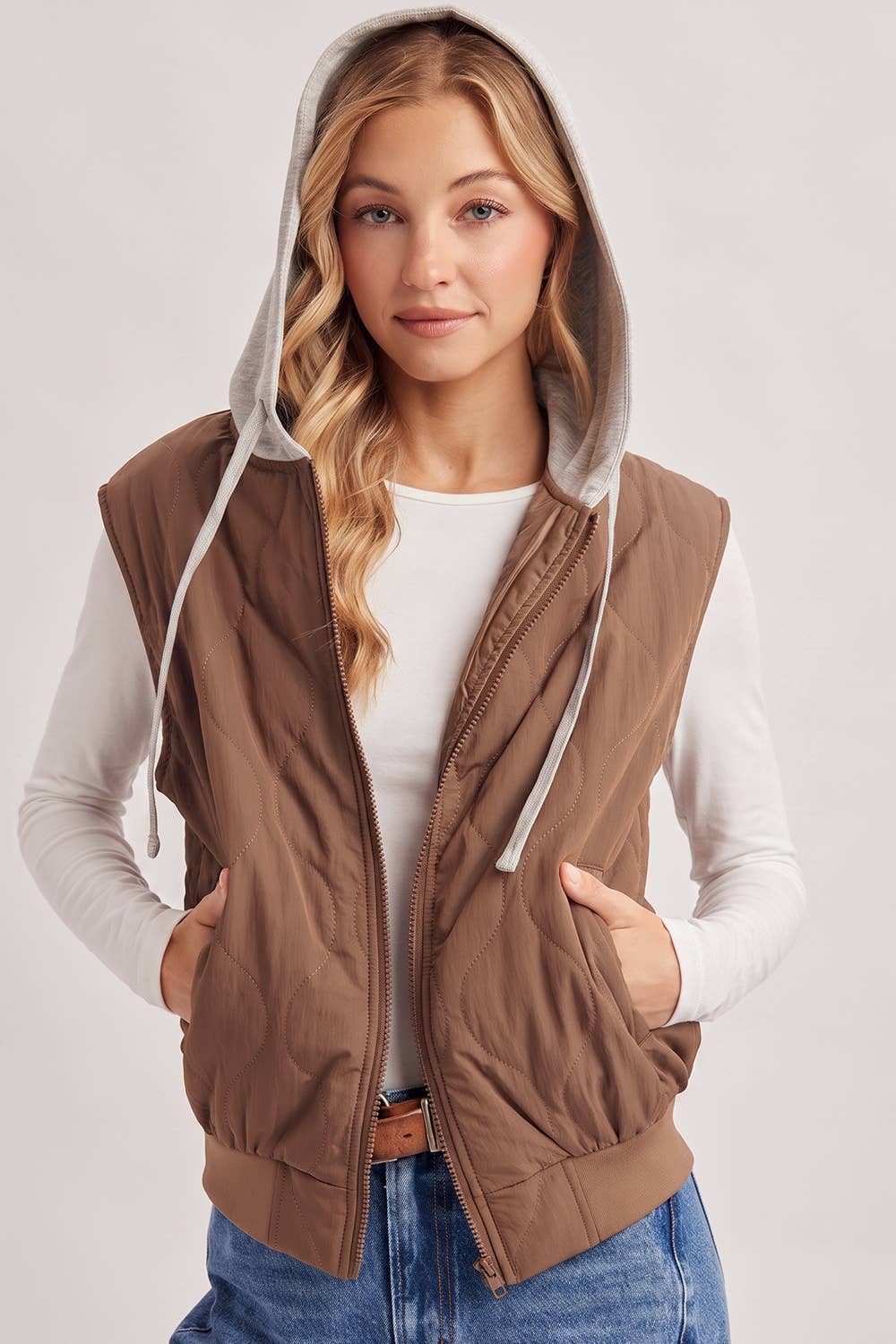 ZIPPER FRONT QUILTED PUFFER VEST CONTRAST HOODIE VEST