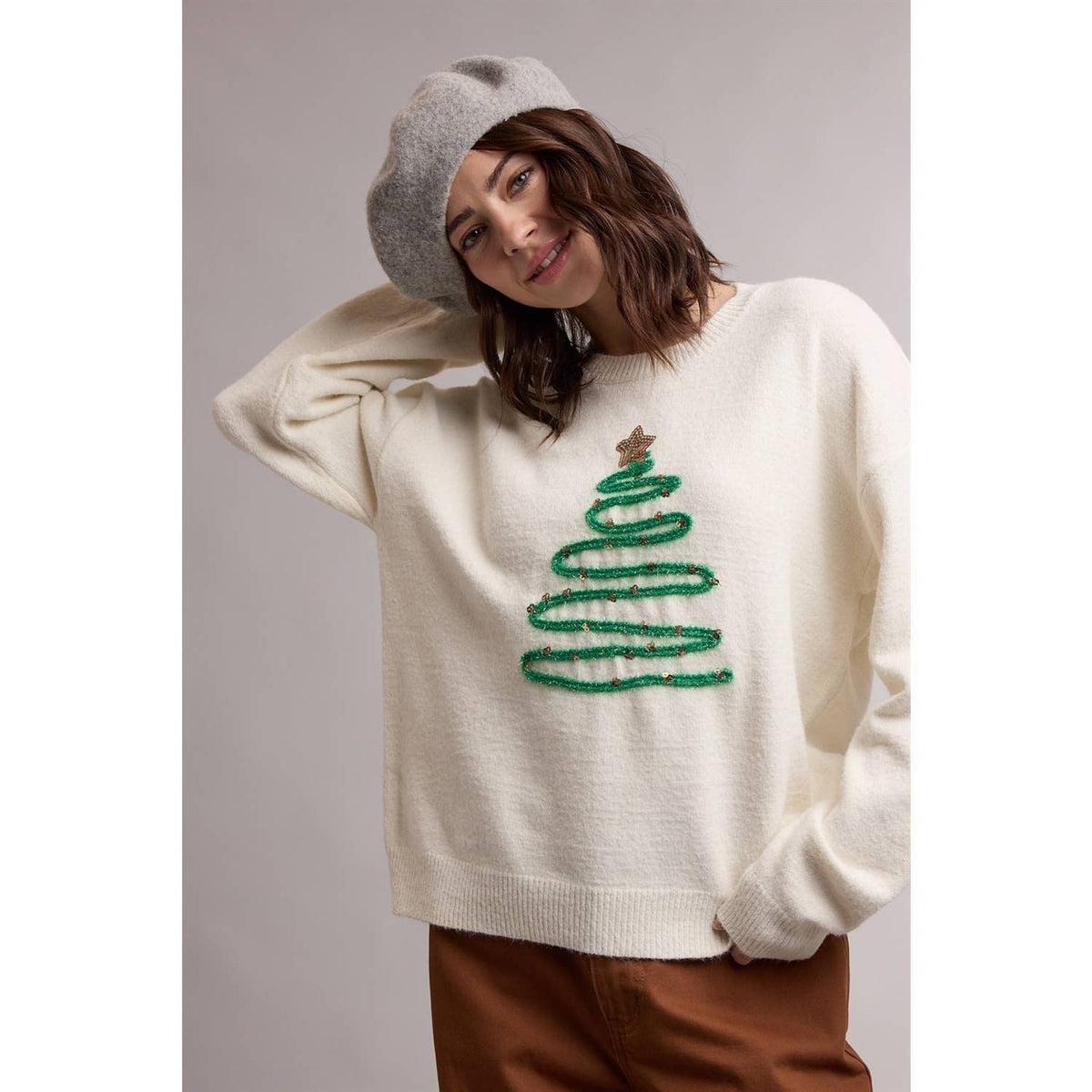 SEQUIN CHRISTMAS TREE LINE ART CREWNECK SWEATER / WL26-13348