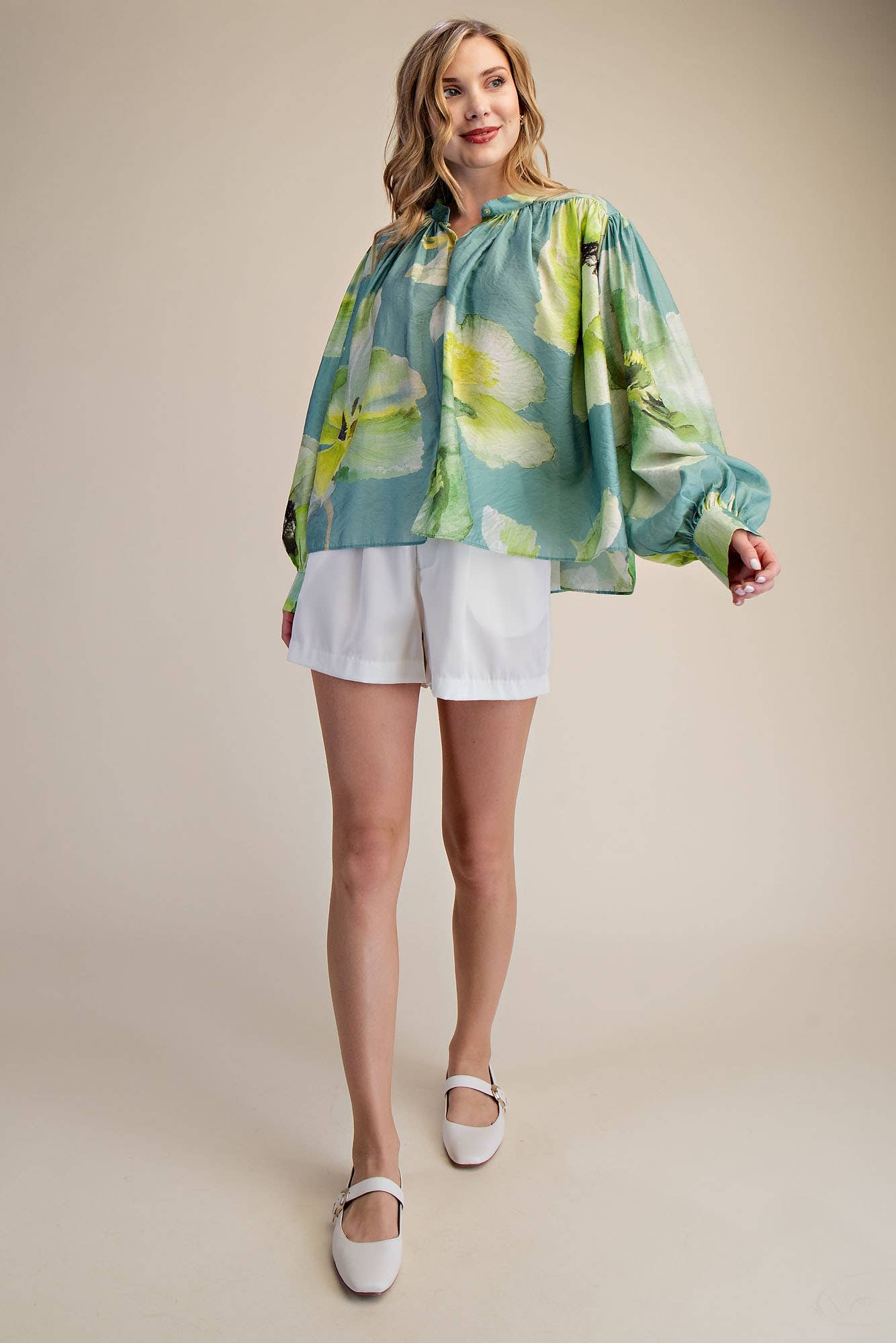 Neck Band Long Sleeve Voluminous Blouse